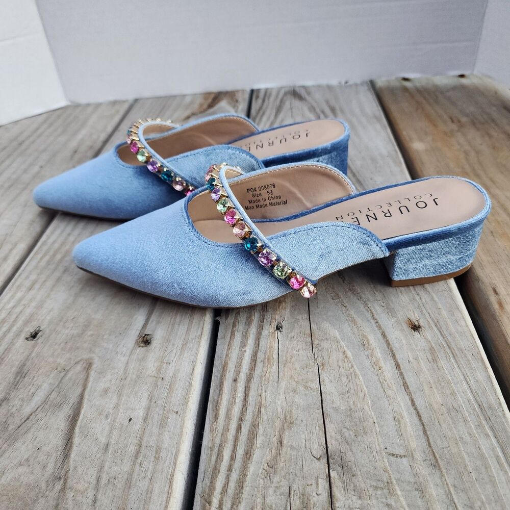 New In Box Journee Collection Light Blue Velor Embellished Jewelled Mules Sz 5.5 - Picture 12 of 16